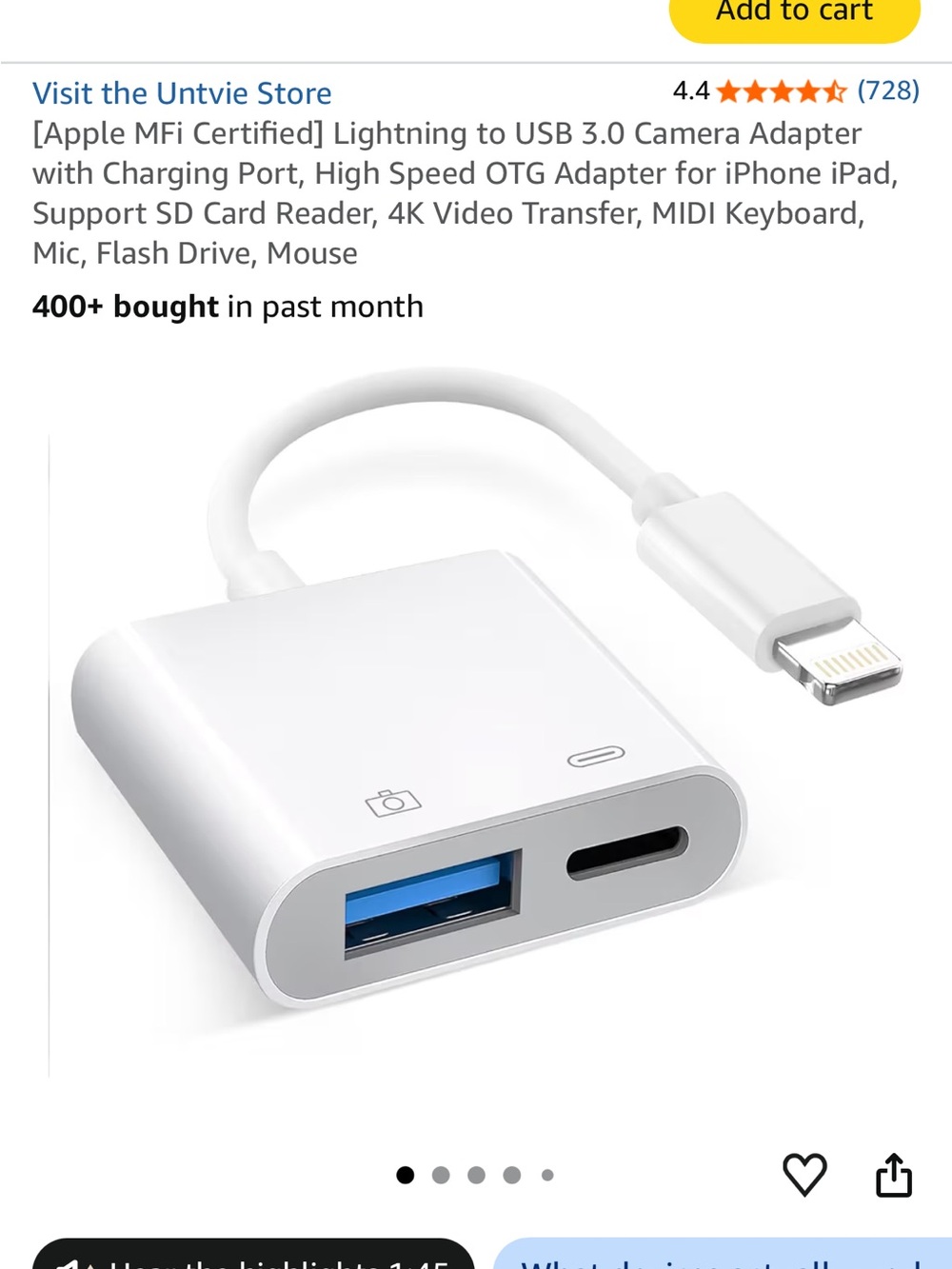 Lightning to USB 3.0 Camera Adapter with Charging Port - White